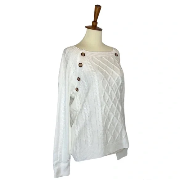 White Wide Neck Knit Pullover Sweater with Button Detail - Picture 10 of 16